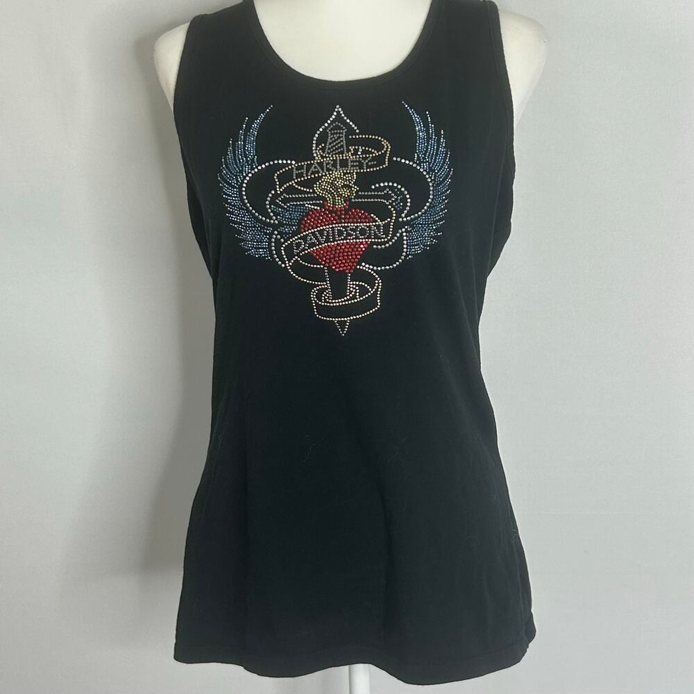 Harley Davidson Rhinestone Tank Top XL Black Biker Y2K USA Made Fitted Graphic